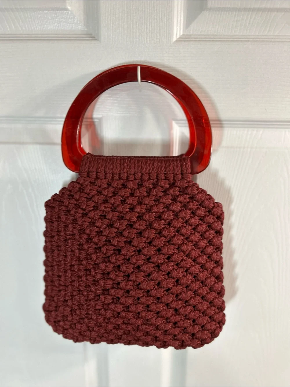 Burgundy Crochet Macrame Handbag Red Acrylic Handle Purse